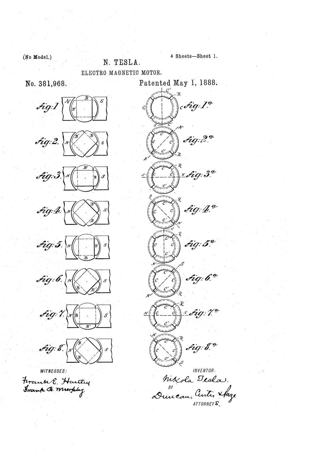 Sheet 1 of US patent 381,968, Electro Magnetic Motor, N. Tesla, patented May 1, 1888: eight figures of a magnetic field rotating around a rotor, and Tesla's signature