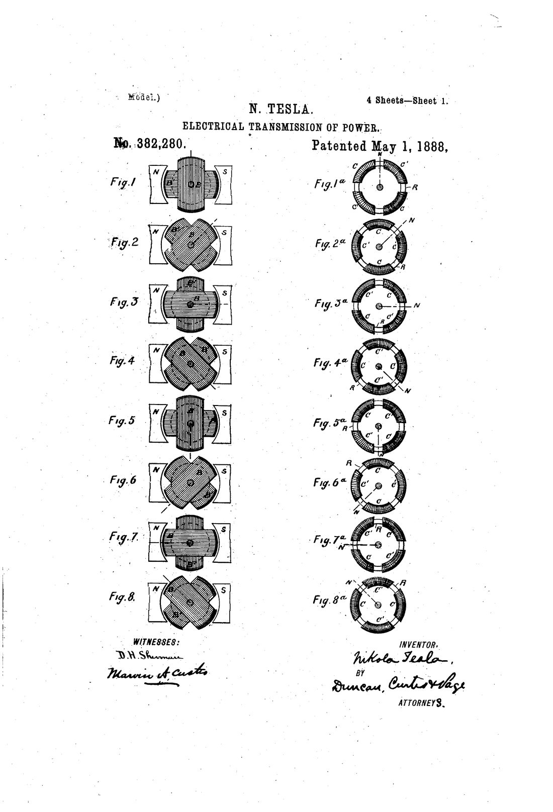 Sheet 1 of US patent 382,280, Electrical Transmission of Power, 1888