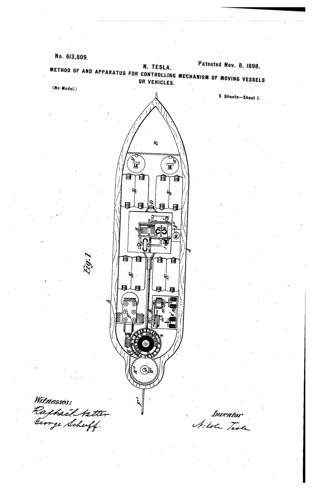 Sheet 1 of US patent 613,809, Method of and Apparatus for Controlling Mechanism of Moving Vessels or Vehicles, 1898